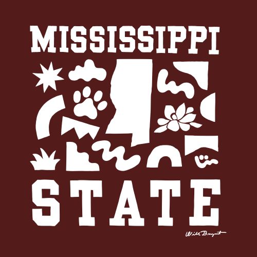 Graphic art with the words 'Mississippi State' and university-related icons, set on a dark red background with white lettering and designs.