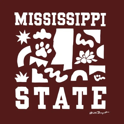 Graphic art with the words 'Mississippi State' and university-related icons, set on a dark red background with white lettering and designs.