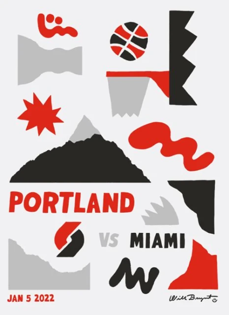 Illustrated poster for Portland Trail Blazers vs Miami Heat basketball game, featuring team logos, basketball, hoop, and geometric shapes.