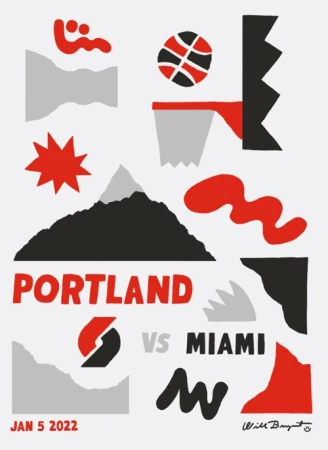 Illustrated poster for Portland Trail Blazers vs Miami Heat basketball game, featuring team logos, basketball, hoop, and geometric shapes.