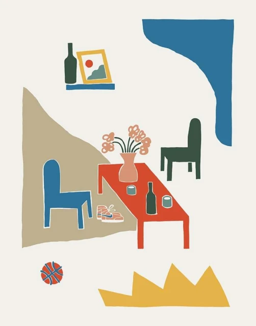 Colorful flat vector illustration of a dining room with table, chairs, vase of flowers, picture frame, basketball, and shoes.