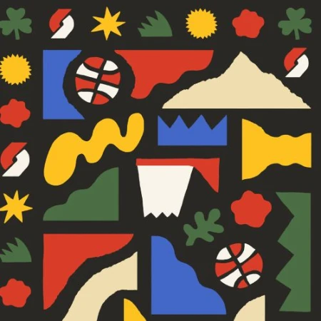 Abstract geometric pattern features basketballs, a mountain, and a clover on a black background in primary colors in a bold paper-cut style.