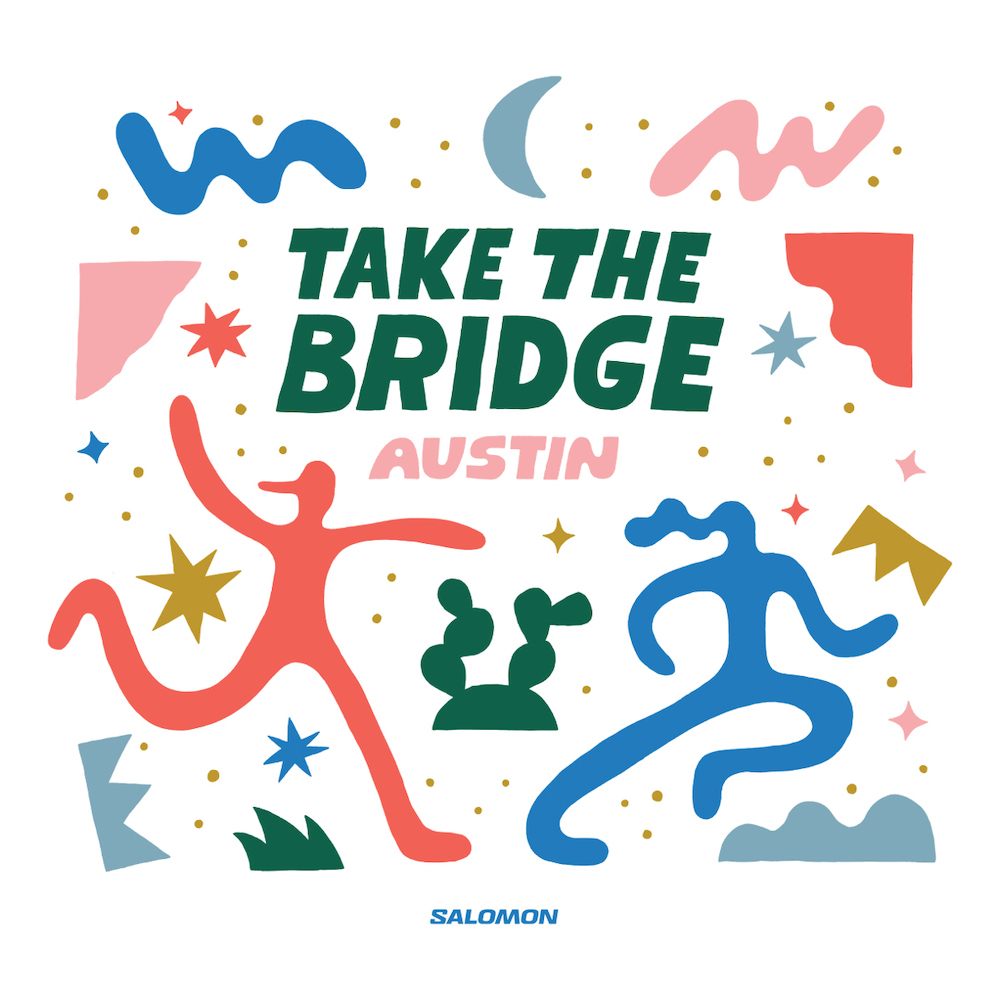Colorful vector art promoting the Take the Bridge Austin running event, featuring abstract runners and city-themed icons.