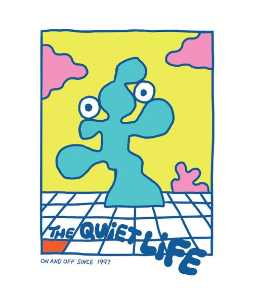 Illustration with a blue abstract shape and googly eyes against a yellow background, above a blue-and-white grid and text.