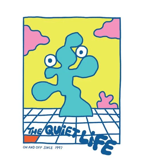Illustration with a blue abstract shape and googly eyes against a yellow background, above a blue-and-white grid and text.