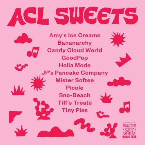 A graphic poster image showing a list of food vendors for ACL Sweets festival with pink background and red text and icons, artsy style.