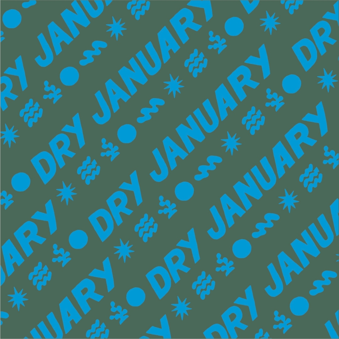 Patterned image featuring teal 'Dry January' text on a muted green background with decorative shapes like dots, waves, and stars.