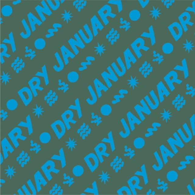 Patterned image featuring teal 'Dry January' text on a muted green background with decorative shapes like dots, waves, and stars.