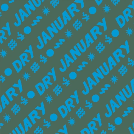 Patterned image featuring teal 'Dry January' text on a muted green background with decorative shapes like dots, waves, and stars.