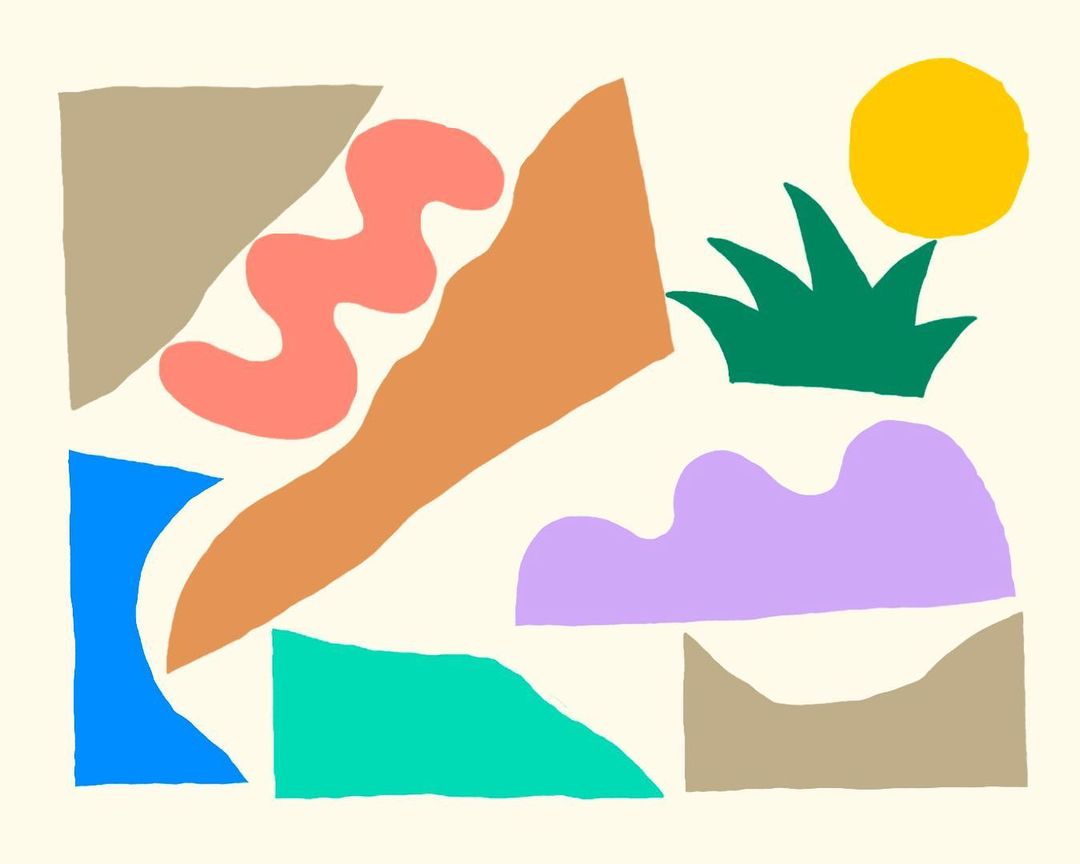 Colorful abstract illustration with geometric shapes in warm tones, green, blue, and beige against a light beige background.