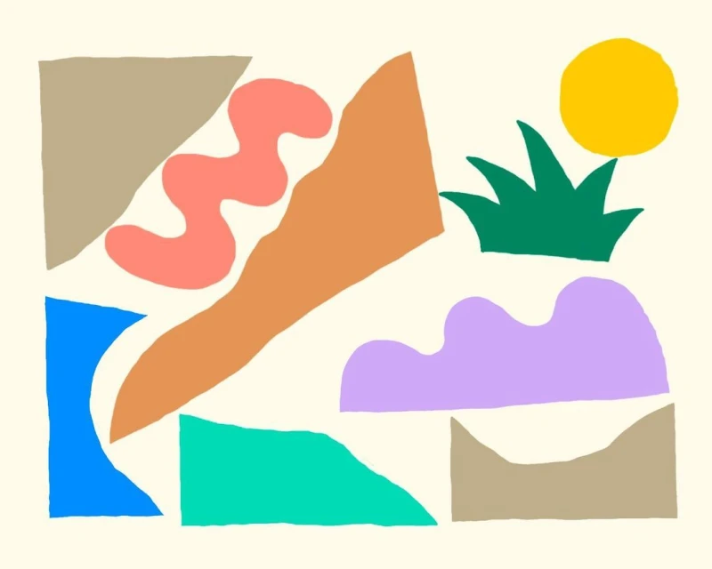 Colorful abstract illustration with geometric shapes in warm tones, green, blue, and beige against a light beige background.