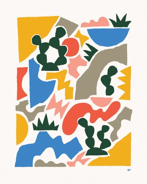 Abstract geometric illustration with green cacti, coral shapes, blue forms, and yellow elements on a white background.