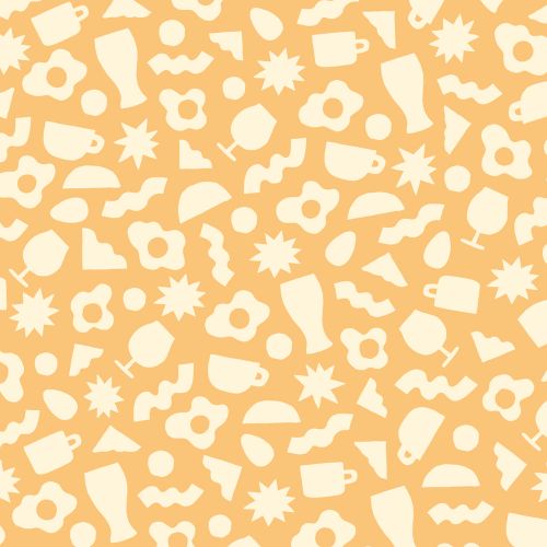 Pattern with pale yellow glasses, stars, cups, fried eggs, and geometric shapes on a pale orange background for lifestyle designs.