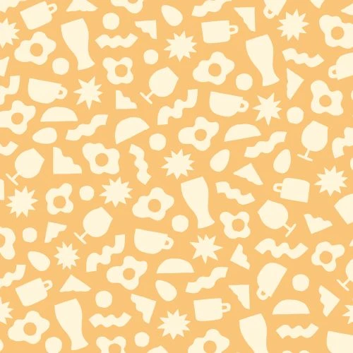 Pattern with pale yellow glasses, stars, cups, fried eggs, and geometric shapes on a pale orange background for lifestyle designs.