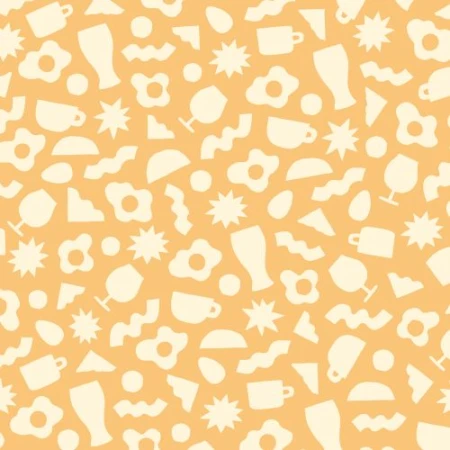 Pattern with pale yellow glasses, stars, cups, fried eggs, and geometric shapes on a pale orange background for lifestyle designs.