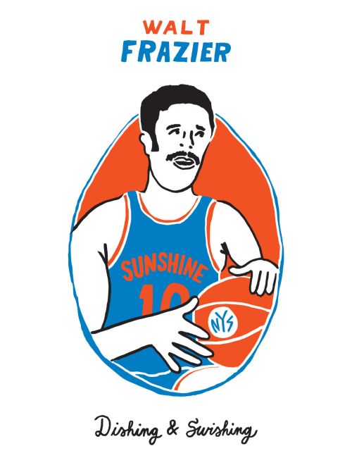 Illustration of Walt Frazier, a basketball player in blue jersey with basketball, on white background with graphic circle design.