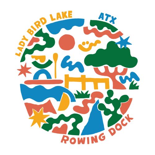 Abstract landscape illustration of Lady Bird Lake in Austin, Texas, featuring trees, water, and recreational elements in a circular design.