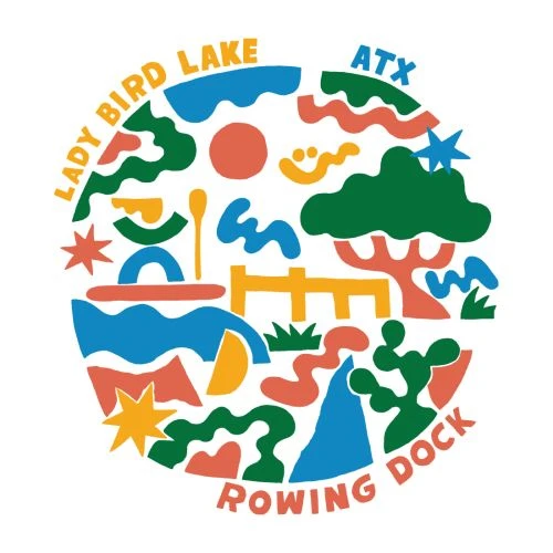 Abstract landscape illustration of Lady Bird Lake in Austin, Texas, featuring trees, water, and recreational elements in a circular design.