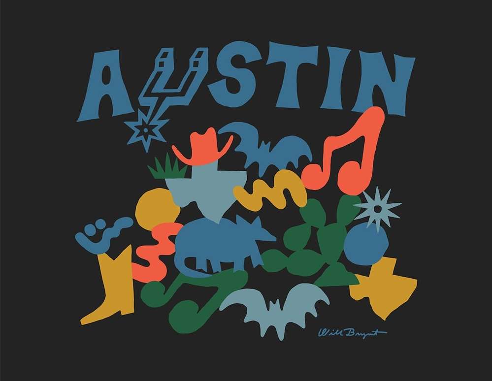 Colorful graphic art of Austin, Texas landmarks and symbols including a cowboy hat, armadillo, musical notes, boots, bats, and cactus.