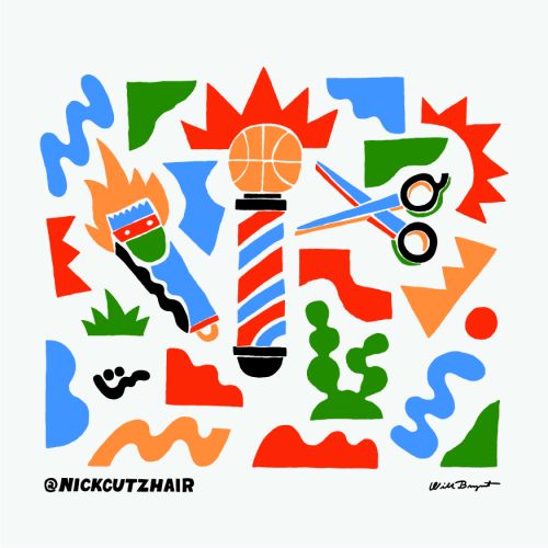 Illustration of barber pole, basketball, scissors, and paintbrush with flame on a white background with abstract shapes.