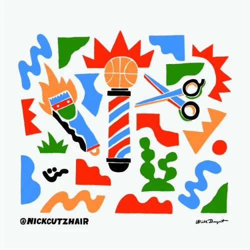 Illustration of barber pole, basketball, scissors, and paintbrush with flame on a white background with abstract shapes.