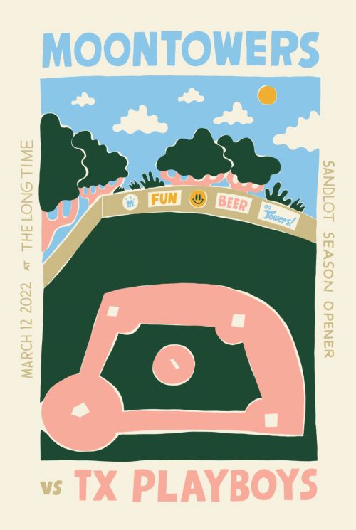 Illustrated poster featuring the words 'Moontowers' and 'TX Playboys', with trees and a baseball field under a blue sky and clouds.