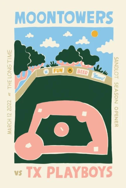 Illustrated poster featuring the words 'Moontowers' and 'TX Playboys', with trees and a baseball field under a blue sky and clouds.