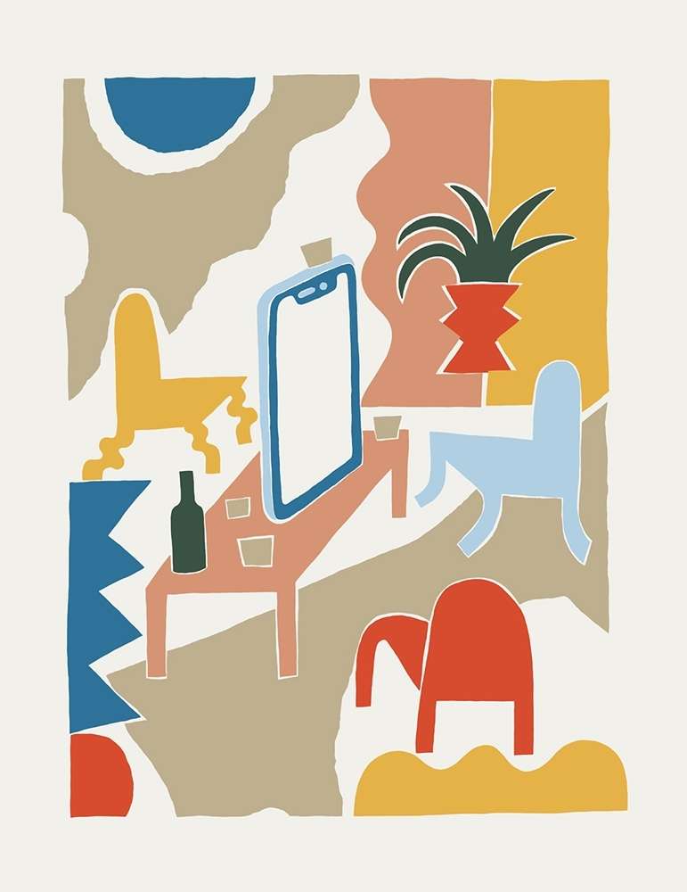 Abstract digital art of a table with a cellphone, bottle, and cups, surrounded by colorful shapes, with chairs and a plant.