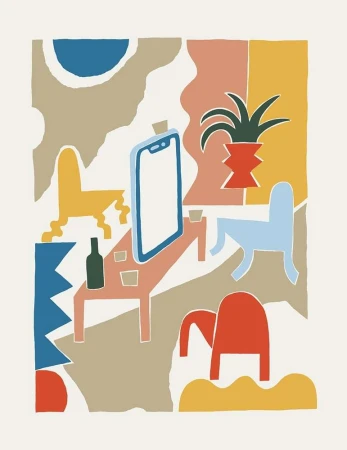 Abstract digital art of a table with a cellphone, bottle, and cups, surrounded by colorful shapes, with chairs and a plant.
