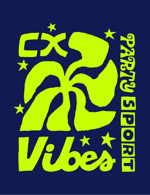 Graphic text art with the words 'CX Vibes Party Sport,' neon green against a navy background, with stylized stars and a central abstract shape.