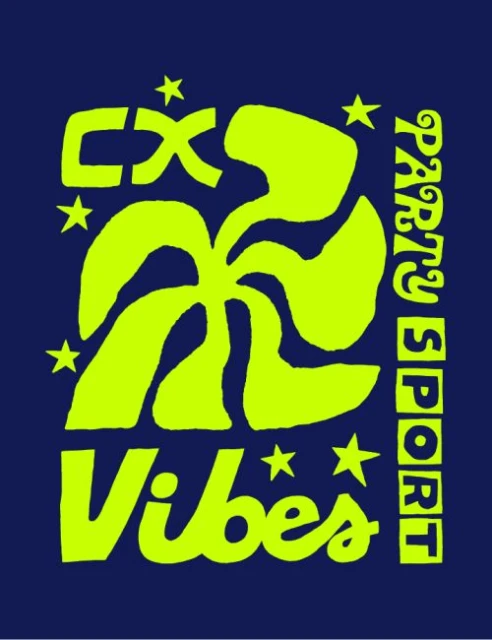 Graphic text art with the words 'CX Vibes Party Sport,' neon green against a navy background, with stylized stars and a central abstract shape.