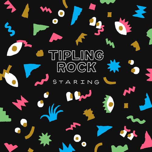 Abstract background with various shapes and colors scattered across a black surface, featuring text 'TIPLING ROCK' and 'STARING'.