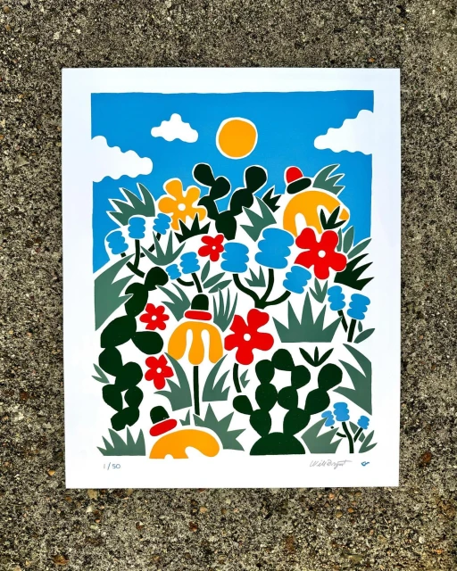 Whimsical illustration of a desert scene with cacti, colorful flowers, a bright yellow sun, and white clouds in a light blue sky.