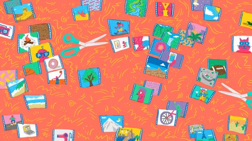 Illustration of cartoon images cut from film strip, with scissors. Whimsical, colorful scene.