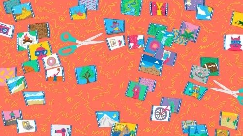 Illustration of cartoon images cut from film strip, with scissors. Whimsical, colorful scene.