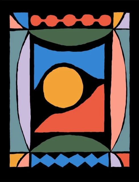 Abstract geometric art in black shows shapes: circle, triangle, rectangle and organic shapes with colors: orange, red, blue, green, purple.