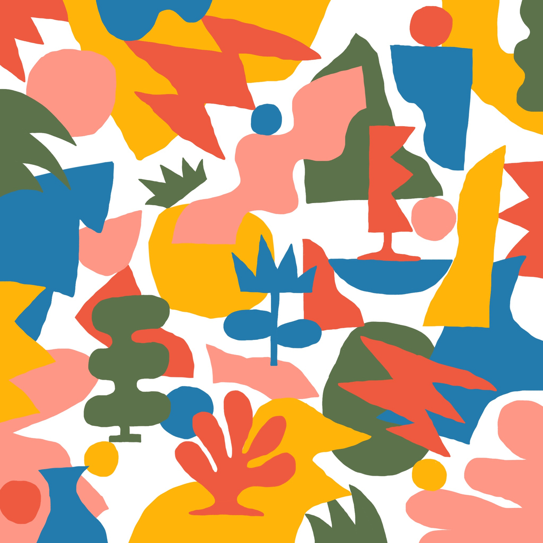 Vibrant and playful abstract pattern featuring a variety of organic shapes in bold colors on a white background, seamless repeat.