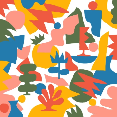 Vibrant and playful abstract pattern featuring a variety of organic shapes in bold colors on a white background, seamless repeat.