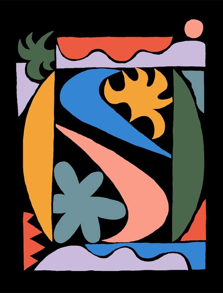 Colorful abstract art featuring a mix of geometric shapes, flowers and a black background creating visual interest and a modern design.