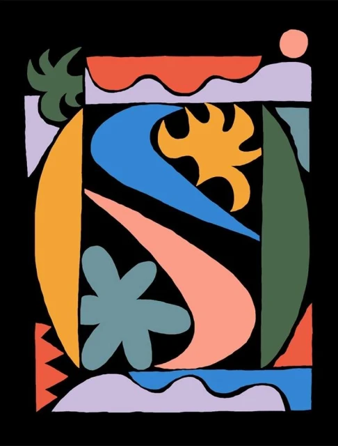 Colorful abstract art featuring a mix of geometric shapes, flowers and a black background creating visual interest and a modern design.