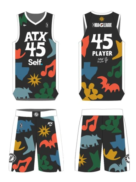 Austin Toros (ATX) NBA G League basketball jersey and shorts with colorful Texas-themed illustrations and team branding on a white backdrop.