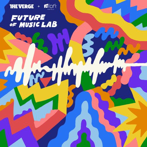Abstract vector illustration with colorful geometric shapes, sound waves, and the text 'Future of Music Lab' on a dark blue background.