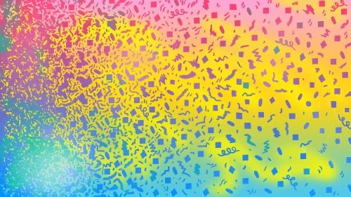 Vibrant abstract background with confetti and pixelated effect, featuring a gradient from pink and yellow to blue and green.