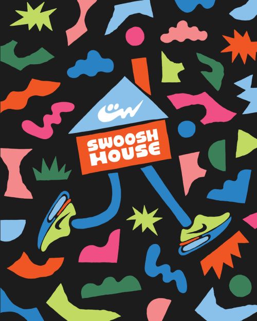 Playful, stylized vector art features a 'Swoosh House' with running legs on a dark background, surrounded by colorful geometric shapes.