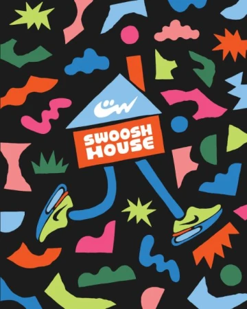 Playful, stylized vector art features a 'Swoosh House' with running legs on a dark background, surrounded by colorful geometric shapes.