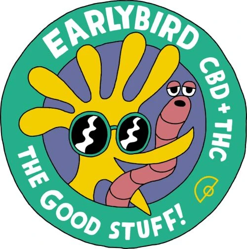 Cartoon graphic of a yellow sun wearing sunglasses, an earthworm, and logo text against a lavender and teal circular background.