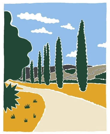 Illustration of Tuscan landscape with cypress trees lining a path, rolling hills, and a blue sky with white clouds in the background.