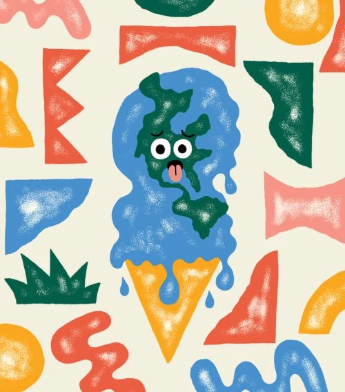Melting Earth illustration resembling ice cream on a beige background surrounded by colorful abstract shapes, digital art.