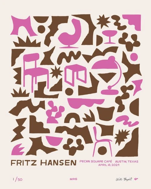 Abstract art poster featuring chairs, tables, and drinkware in pink and brown against a beige background. Text reads 'Fritz Hansen'.