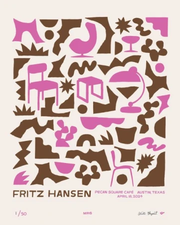 Abstract art poster featuring chairs, tables, and drinkware in pink and brown against a beige background. Text reads 'Fritz Hansen'.